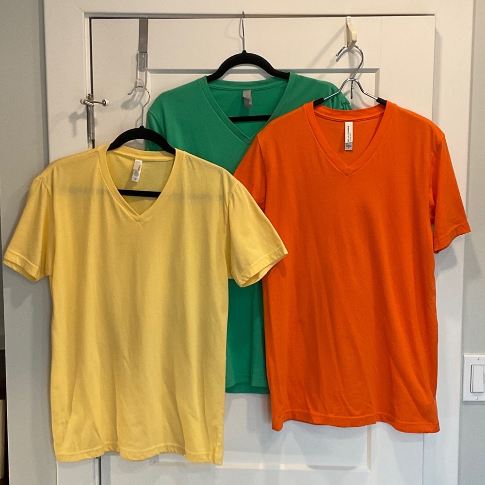 3-Pack V-Neck Tees in Yellow, Green & Orange. 2  Next Level & 1 Bella Canvas.